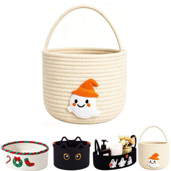Halloween Basket With Handle Cute Ghost Appliqué Design Cotton Rope Woven Candy Bucket For Trick Or Treat Gift Storage Home Decor And Holiday Party Favor Supplies,D