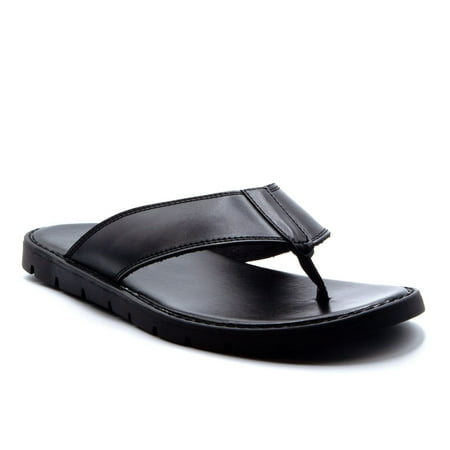 

Men s 56311 Leather Slip On Open Toe Strap Roman Flip Flop Dress Sandals Black 9