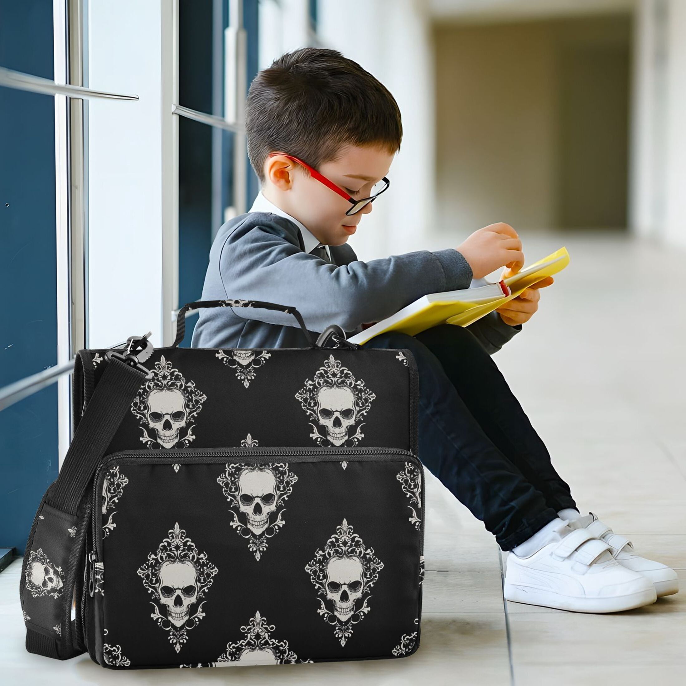 3 Ring Zipper Binder with Shoulder Strap Waterproof Trapper Keeper 2 Inch D-Ring 500 Sheets Capacity Cool Skulls Filigree