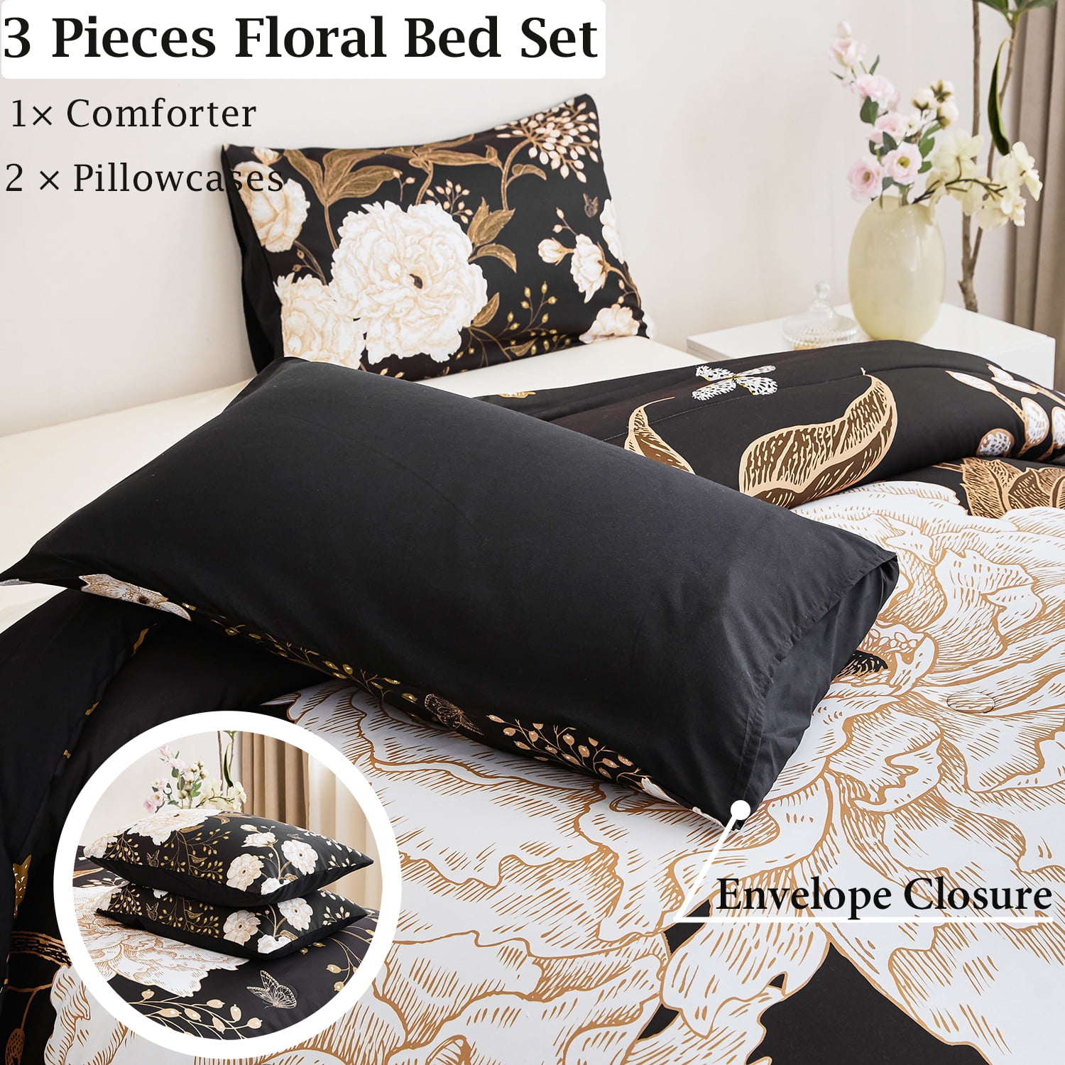 URBONUR Black Floral Full Comforter Set Printed Comforter White Flowers Butterfly Bedding Set 3 Pieces Botanical Farmhouse Comforter with 2 Pillowcases
