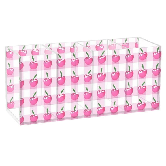 Cherry with Gingham Acrylic Pencil Pen Holder Cup 4 Compartments Desktop Organiser 7.87"x2.78"x3.54"