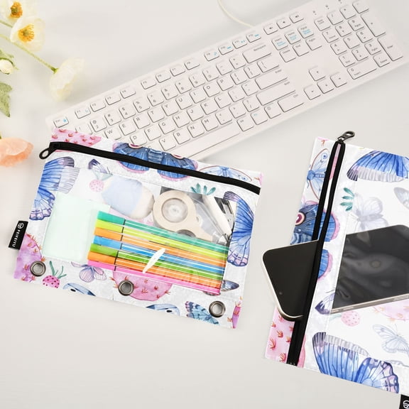 Pink Cactus Butterflies 2 Pack Pencil Pouches Zipper Pencil Case 3 Ring Pencil Pouch Cosmetic Bag