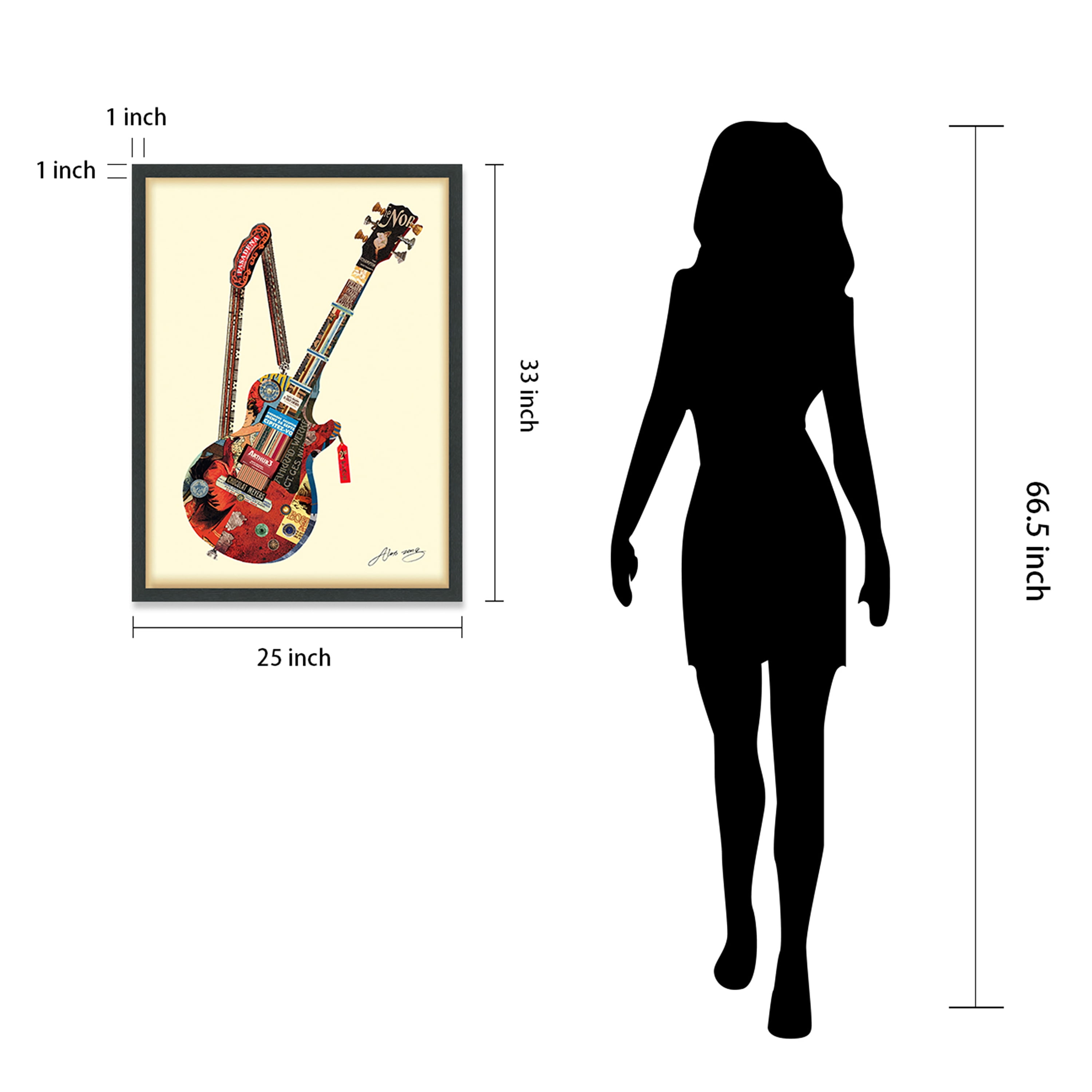 "Electric Guitar" Dimensional Collage Framed Graphic Art Under Glass Wall Art