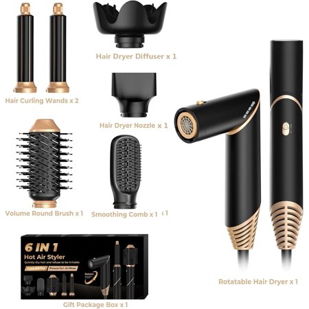 6- in-1 Detachable Hair Styler: Blow Dryer with Diffuser, Ionic Curling Iron, Volumizer, Straightening Brush, and Styling Tool Set