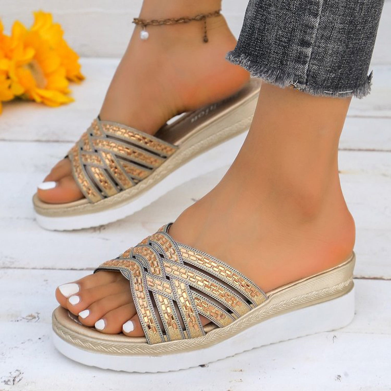 Bmisegm Ladies Summer Rhinestone Shiny Beach Outside Wear Slope Heel Big Size Sandals Slippers Sandals Women Summer Gold 7 Walmart
