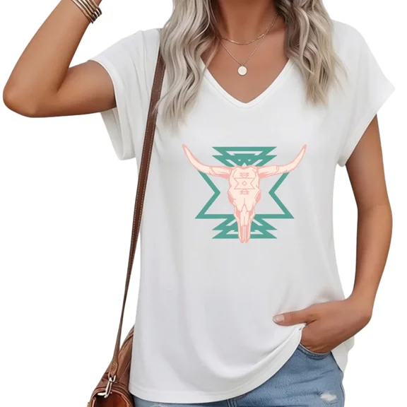 UNISHE Women Western Bull Skull Geometric V - Neck Cap Sleeve T - Shirt Casual Summer Tee