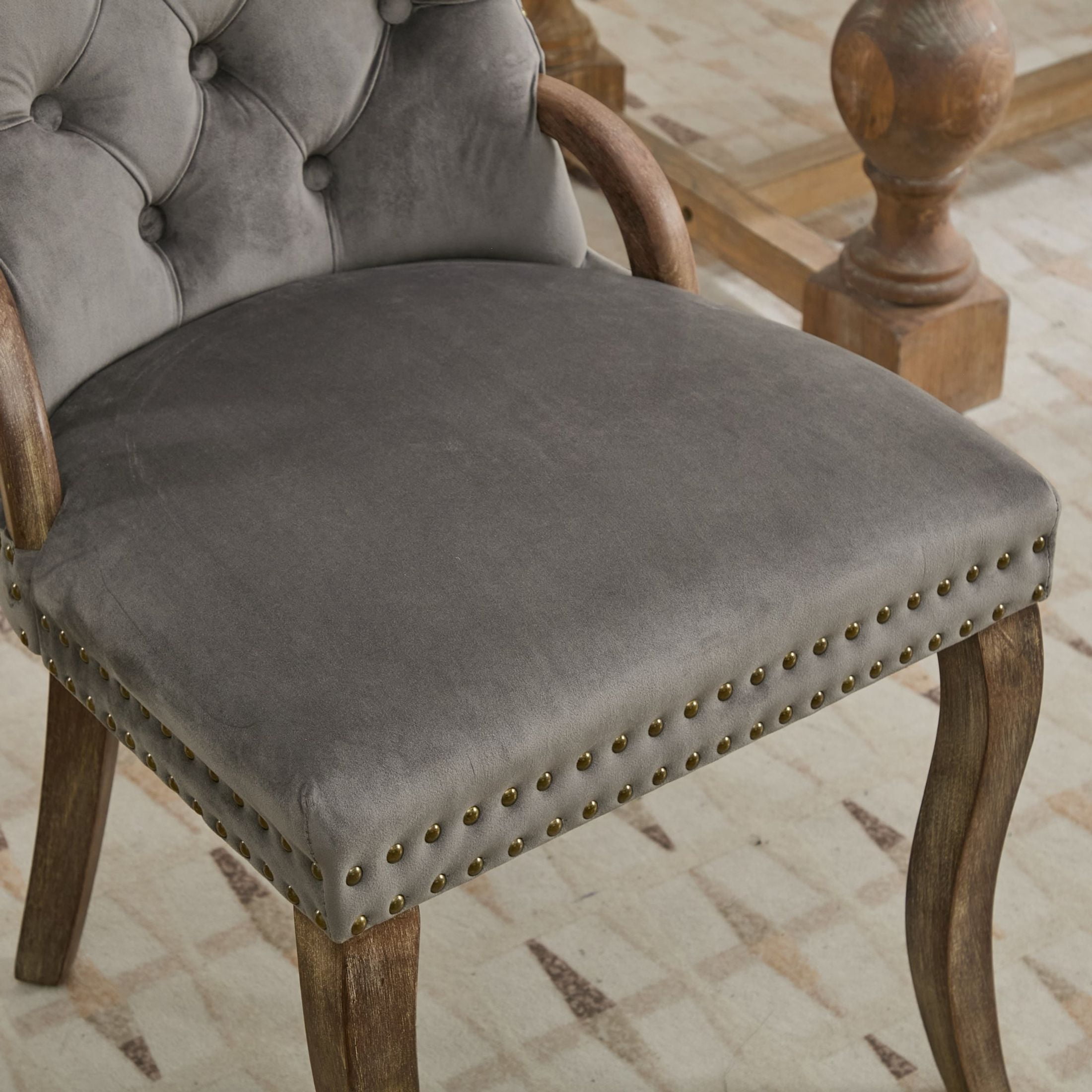 Noble House Set of 2 Dining Chairs with Tufted Velvet Upholstery, Copper Nailhead Trim, Gray