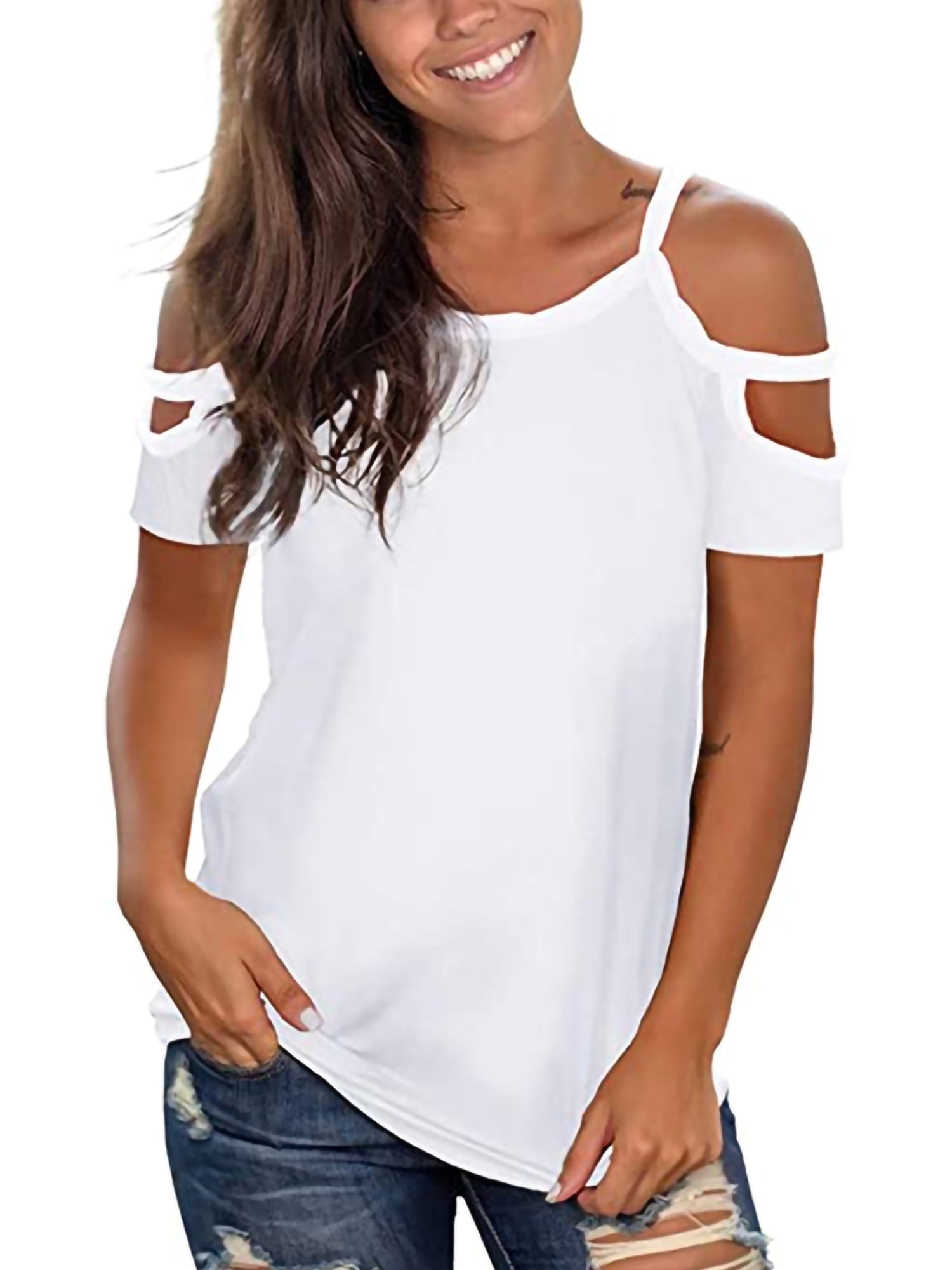 Womens Cold Shoulder Short Sleeve Blouse Ladies Loose Shirt Holiday Tee Tops 
