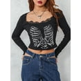 thumbnail image 4 of Musuos Women's Autumn Slim Gothic Crop Tops Black Long Sleeve Skeleton Print Lace Trim T-shirt, 4 of 10