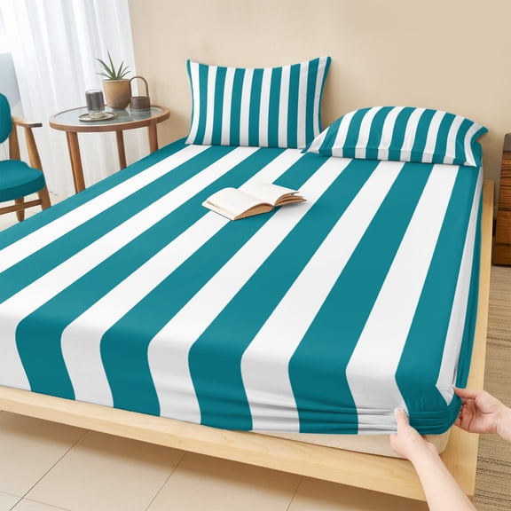 Full Size Fitted Sheet Set - Teal Striped 3 Piece Bedding Sets 16" Deep Pocket Fitted Sheet with 2 Pillowcases Simple Art Vertical Stripe Farmhouse Brushed Microfiber Hotel Luxury Bed Sheets