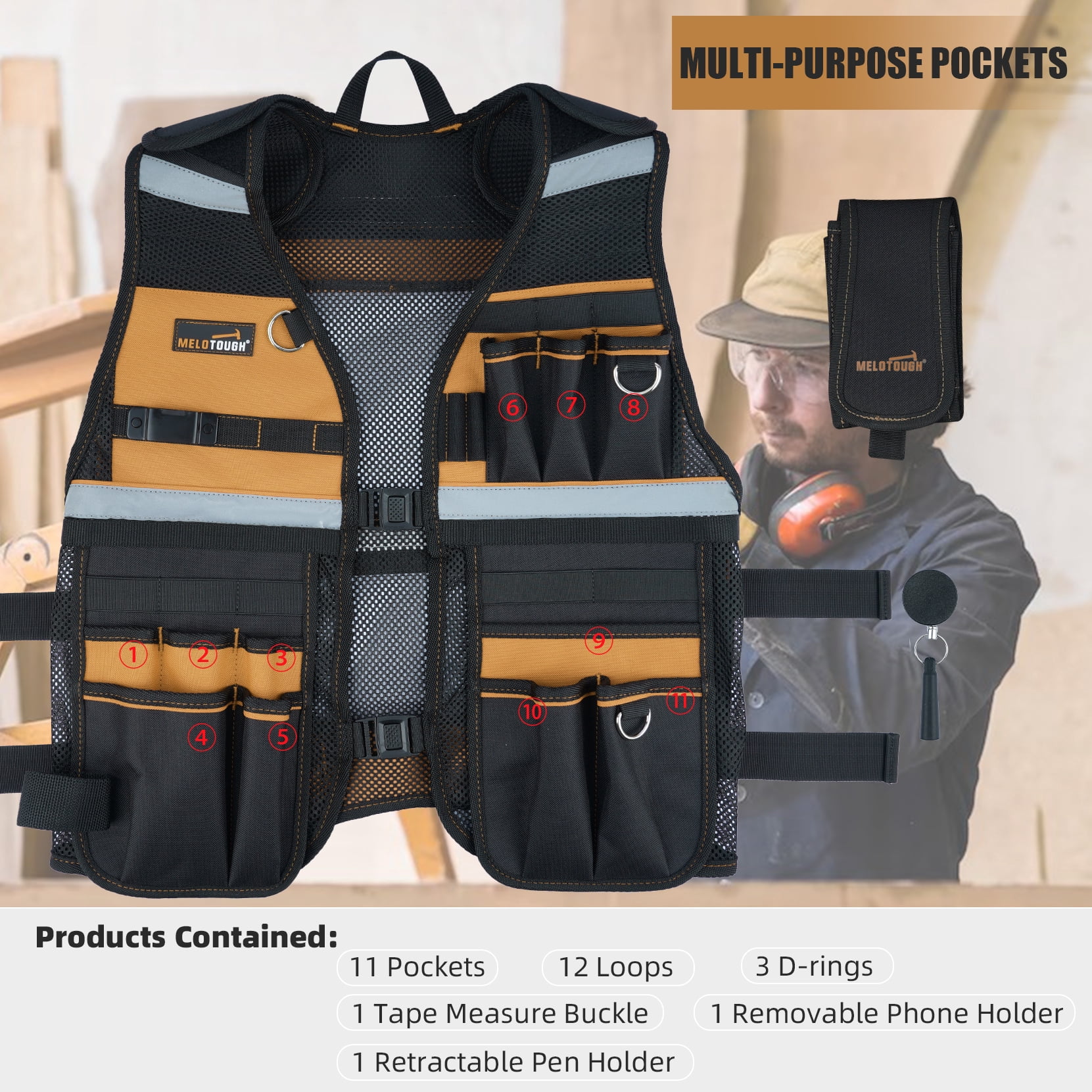 MELOTOUGH Tool Vest for Men Reflective Safety Tool Vest with Adjustable Straps,Removable Phone Holder for Electrical,Carpenters,Construction(Khaki)