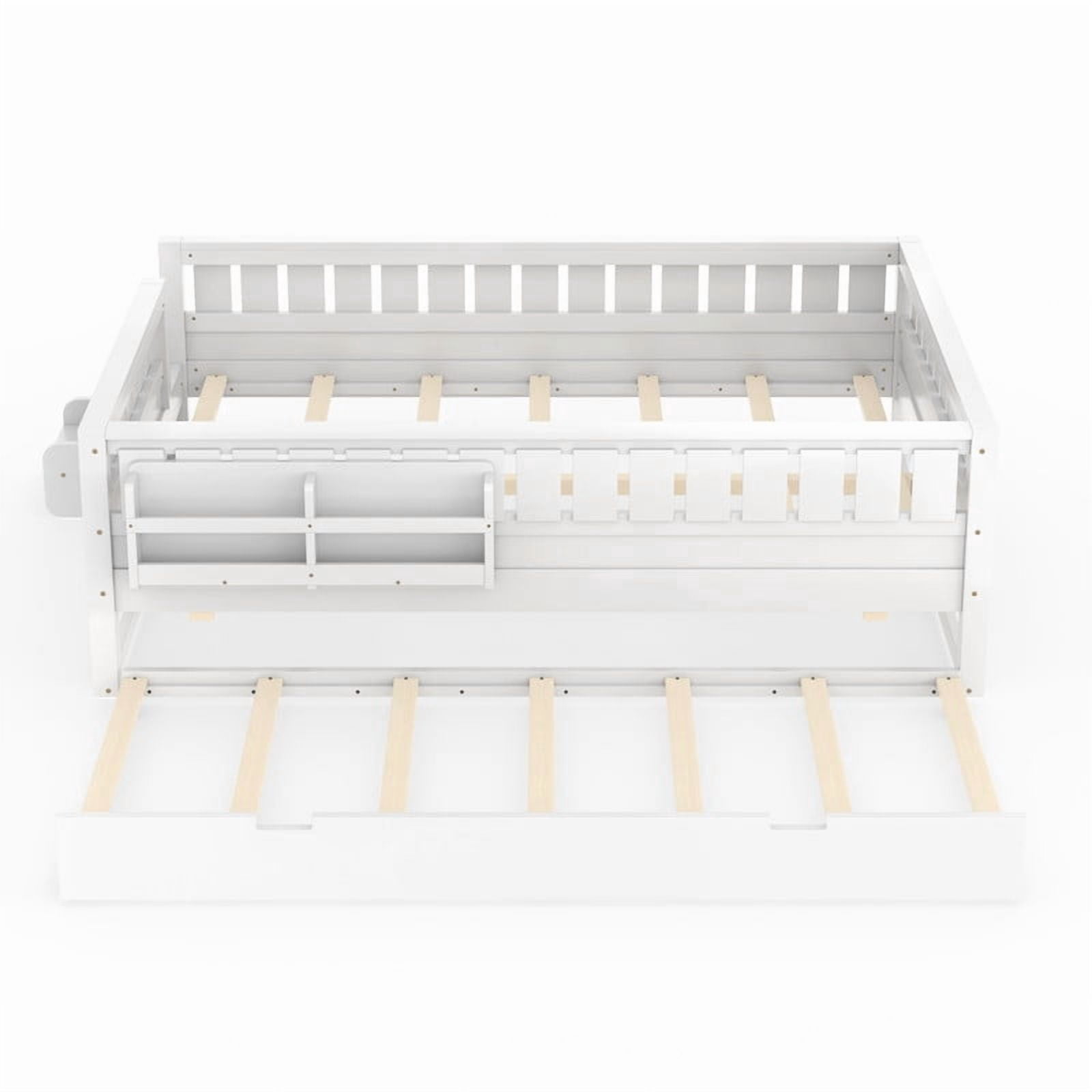 Queen Size Low-Profile Kid's Platform Bed with Built-in Bookshelves & Small Staircase, Wooden Bed Frame with Safety Rails & Trundle