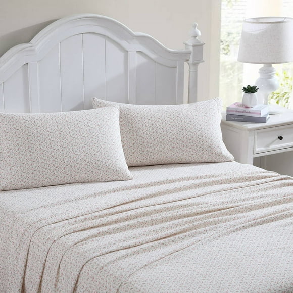 Laura Ashley Home - King Sheets, Cotton Flannel Bedding Set,4 pcs, Brushed for Extra Softness & Comfort (Evie Pink, King), Evie Pink/Green/White