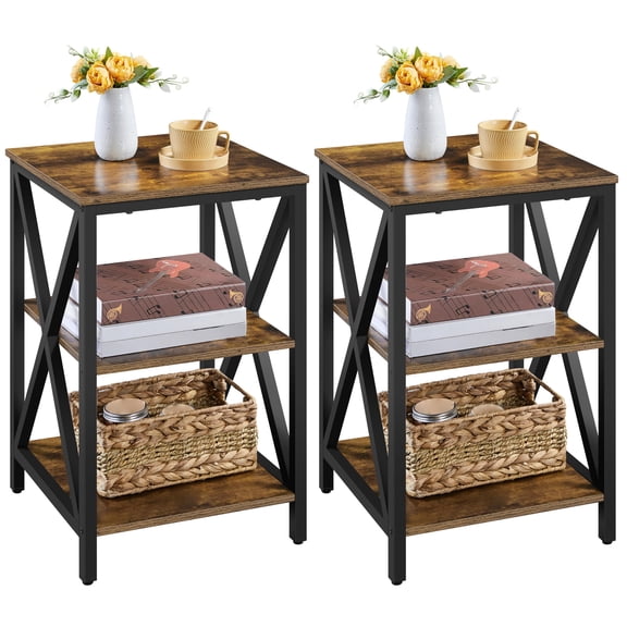Industrial End Tables Set of 2, 3-Tier Side Tables with Storage Shelves for Living Room, X Design Strong Metal Frame, Easy Assembly for Small Space, Rustic Brown