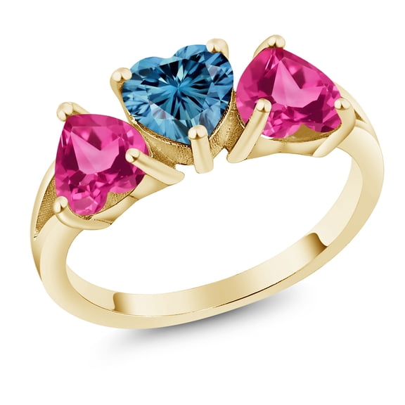 Gem Stone King 18K Yellow Gold Plated Silver 3-Stone Ring Heart Shape Persian Blue Moissanite and Created Sapphire Pink (2.40 Cttw, Size 8)