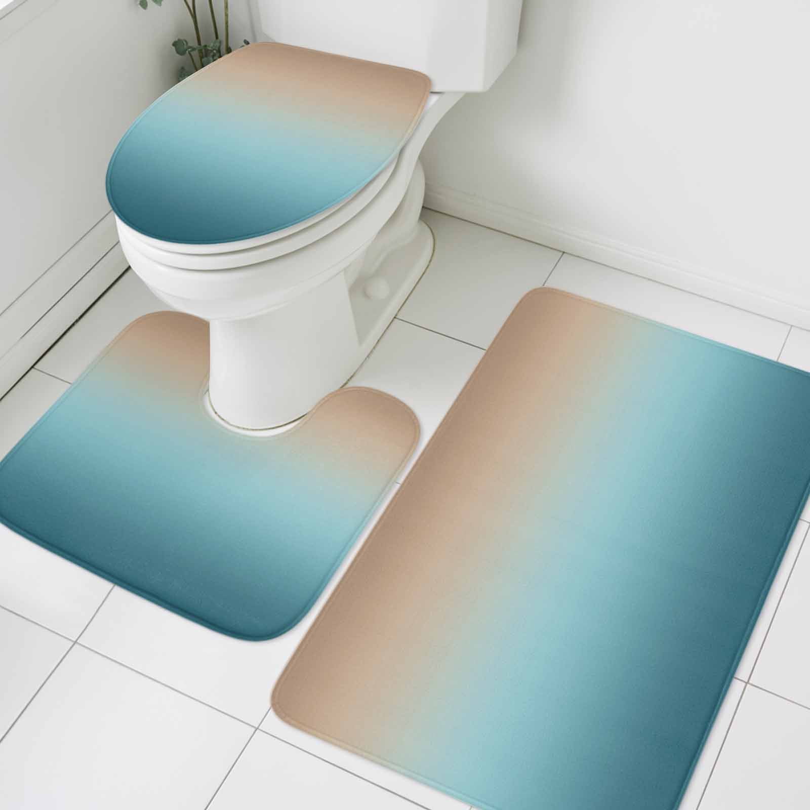 Navy Blue Brown Ombre Bath Mat 3 Piece Bathroom Rug Set, Teal Gradient Color Modern Abstract Art Non Slip Bath Rug Contour Mat and Toilet Lid Cover, Absorbent Shower Mats Soft Bath Rugs and Mats Sets