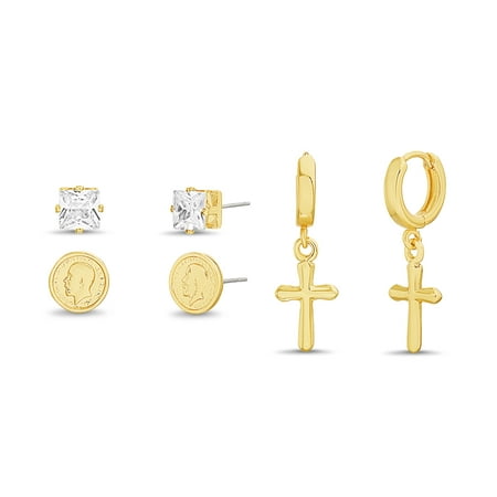 Lesa Michele 6MM Cubic Zirconia and Georgivs V Coin Design and Dangling Cross Huggie Earrings Set in Yellow Gold Plated Alloy for Men