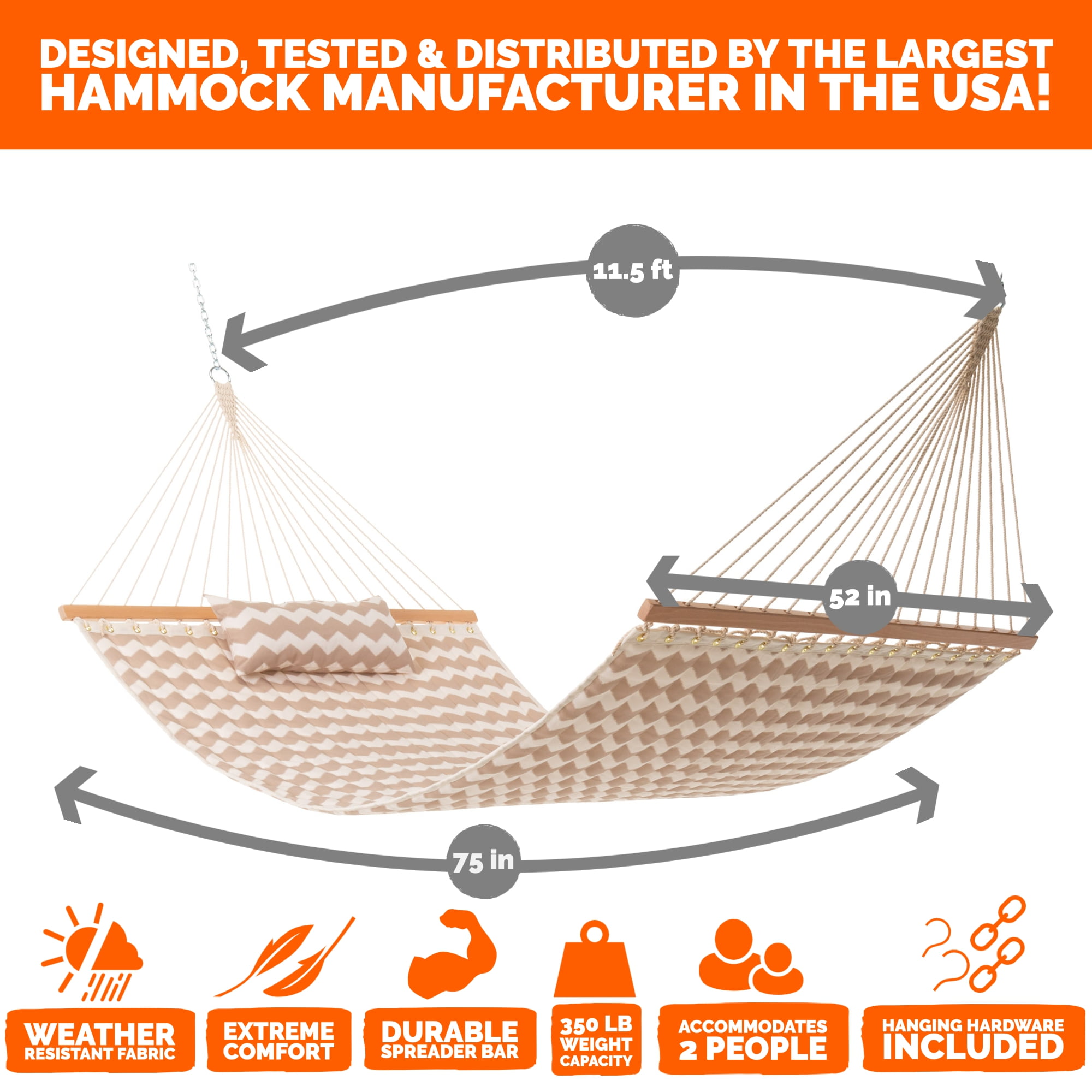 Large Double Quilted Hammock with Detachable Pillow - Beige Chevron