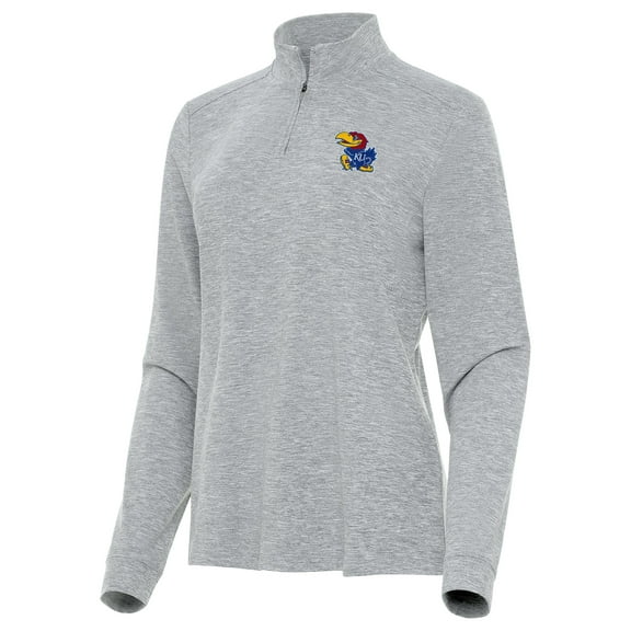 Women's Antigua  Heather Gray Kansas Jayhawks Mentor Long Sleeve Quarter-Zip Mock Polo
