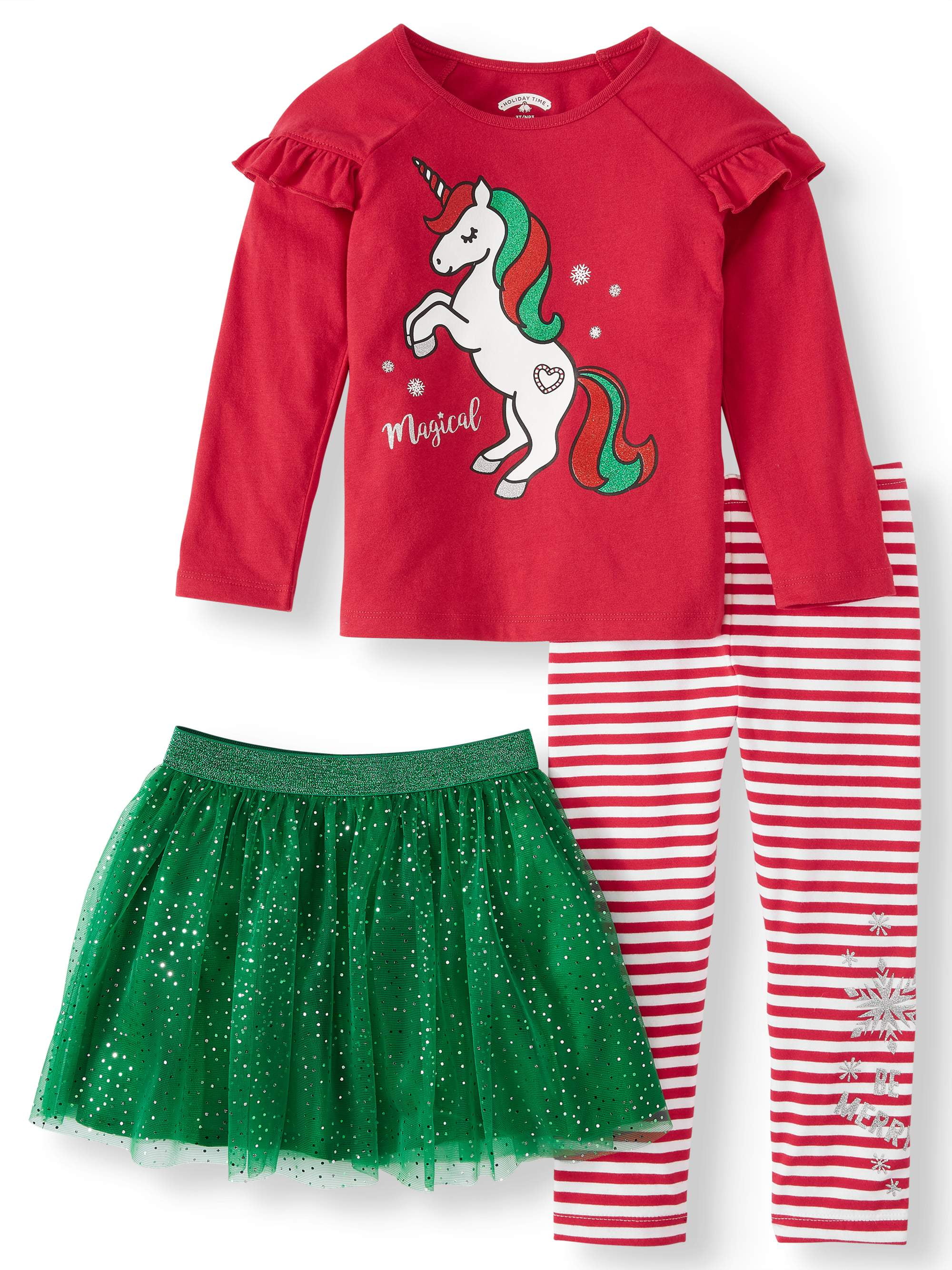 Christmas Long Sleeve Graphic Ruffle Tee, Tutu, & Printed Leggings, 3pc