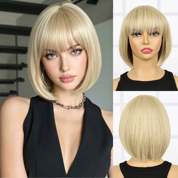 【Natural Look】PHOCAS Blonde Bob Wig with Bangs, Heat Resistant Synthetic Short Wig for Women, Daily Wear 10 Inch