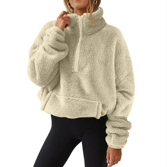 AherBiu Sherpa Sweatshirts for Women Half Zip up Lapel V Neck Fleece Plush Warm Pullover Winter Tops