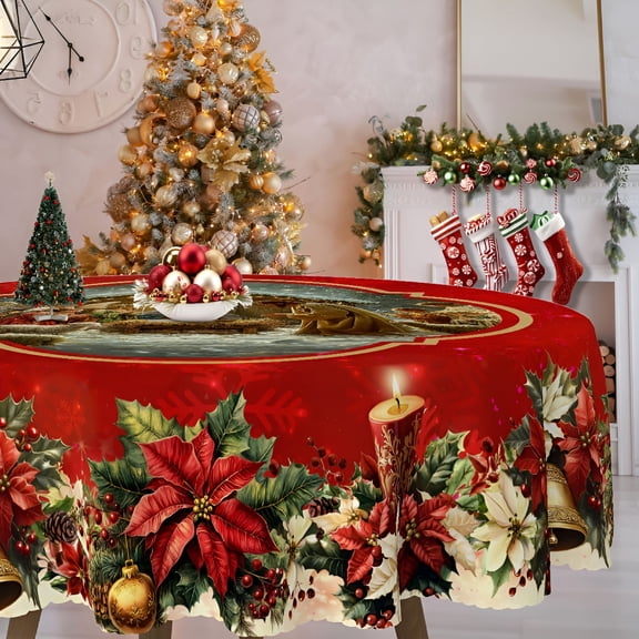 AUQ Holiday Christmas Tablecloth,60"X60" Round,Withstands Frequent Use During Christmas Meals & Family Gatherings,Fits Most Standard Dining Tables Xmas Tablecloth