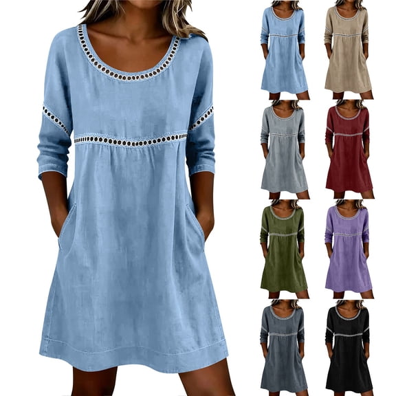 Zpzdpjkx Womens Cotton Linen Tunic Dress, Crew Neck 3/4 Sleeve Casual Summer Dress with Pockets