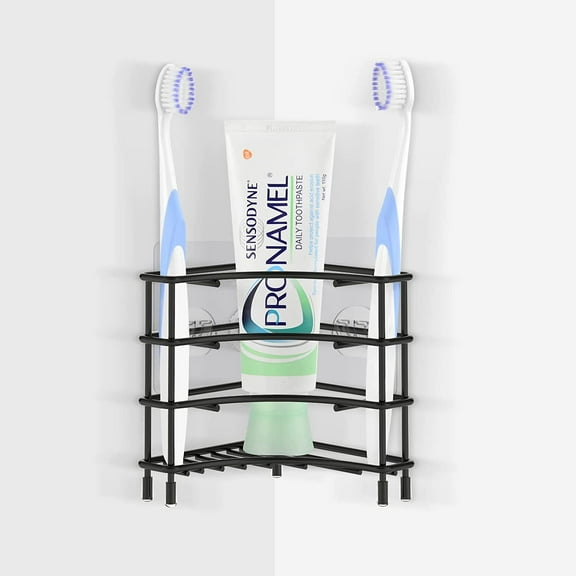 Corner Wall Mount Toothbrush Holders for Bathroom, Stainless Steel Self Adhesive Triangle Corner Shower Shelf for Tile Walls, Electric Toothbrush Toothpaste Organizer (Black)