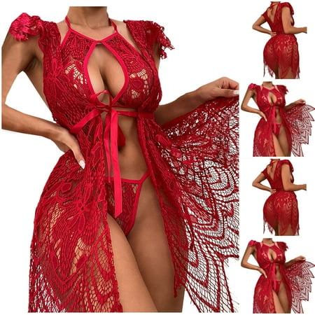 

Juebong Underwear for Women Clearance Under $10.00 Women Red Sexy Guipure Lace Tied Detail Cutout Lingerie Set Sling Hollow Pajamas Nightdress Red One size