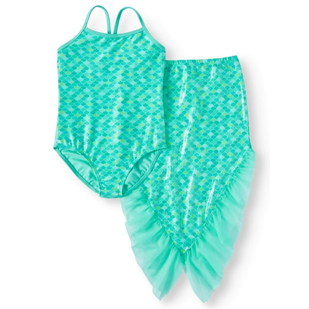 Wonder Nation Mermaid One Piece Swimsuit And Skirt Coverup 2 Piece Set Little Girls Big Girls Big Girls Plus Walmart Com Walmart Com