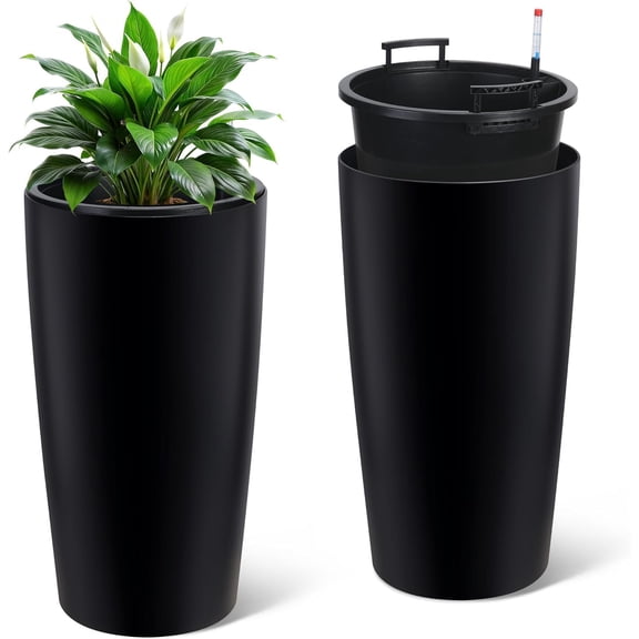 QinaQin 2PC 30 Inch Tall Outdoor Planters,Self Watering Planters with Inner Bucket,Water Level Monitor and Drainage for Front Porch Decor,Black