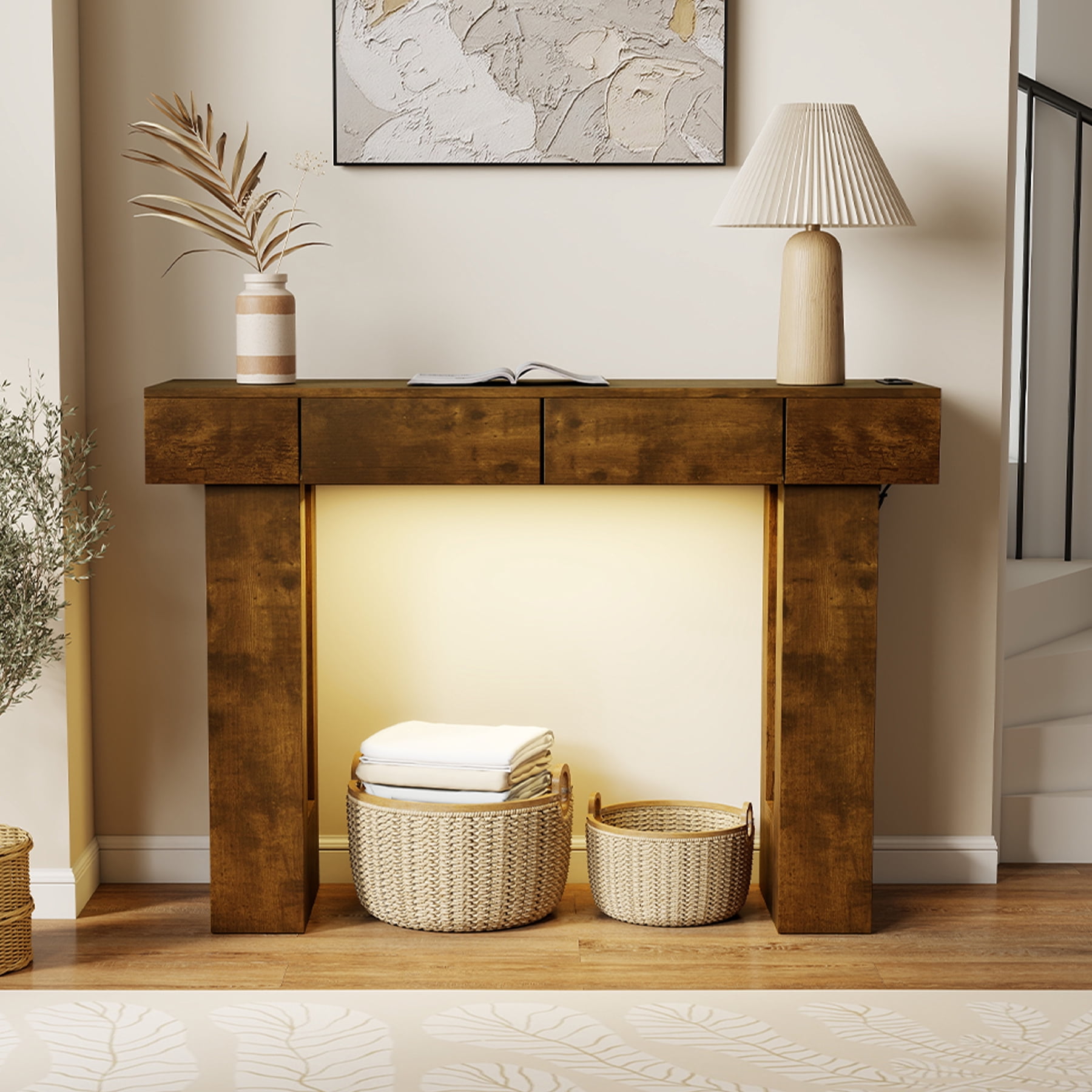 MOONMISS 47"Wide Console Table with 2 Drawers,Multifunctional Charging Station, LED Light, Solid Wood Farmhouse Console Table Behind Couch for Entryway, Hallway, Living Room-Dark Brown