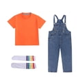thumbnail image 3 of Avtoify Summer Girls Short Sleeve Round-Neck Shirts Solid Color Short Sleeve Top Denim Suspender Pants Matching Socks 3 Piece Unisex Outfit for Kids Aged 1-10 Daily Outfit Suit, 3 of 10