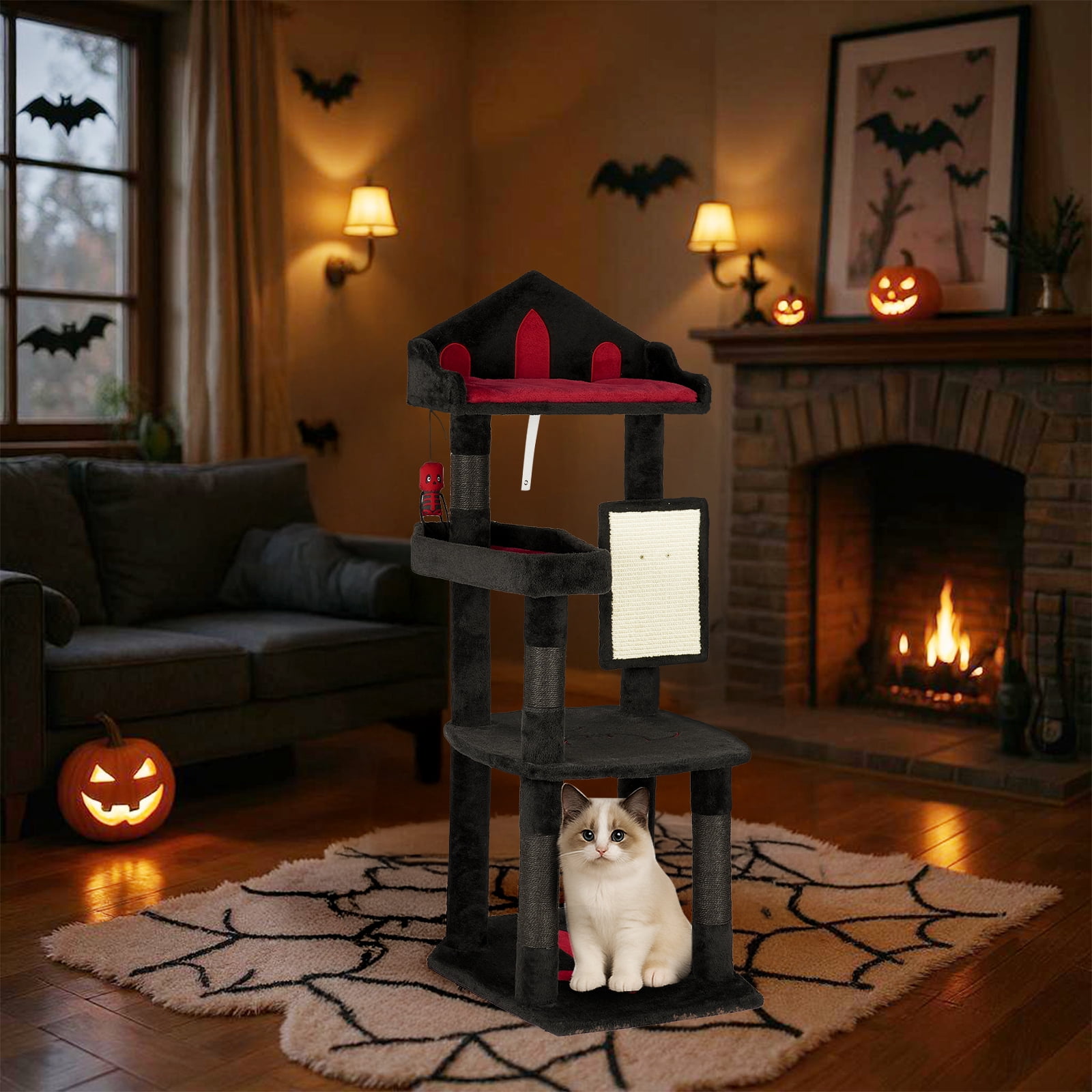 Zimtown 4-Tier Halloween Pet House with Coffin & Tombstone, Gothic Cat & Dog Mansion, Black & Red