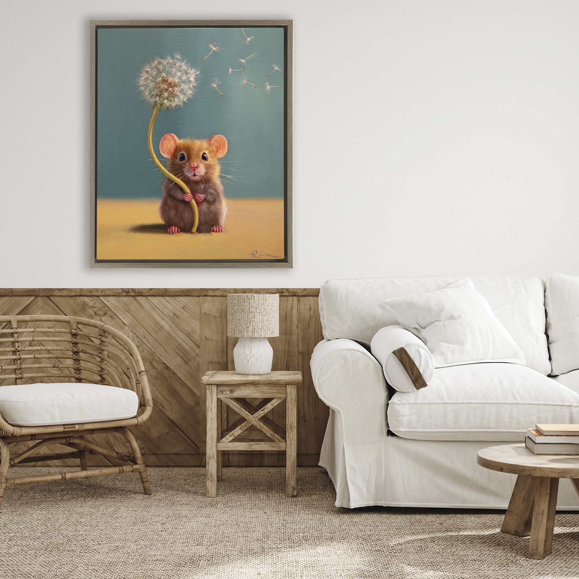 Tiny Wishes Mouse & Dandelion Brown Framed Floater Canvas Wall Art, design by Lucia Heffernan
