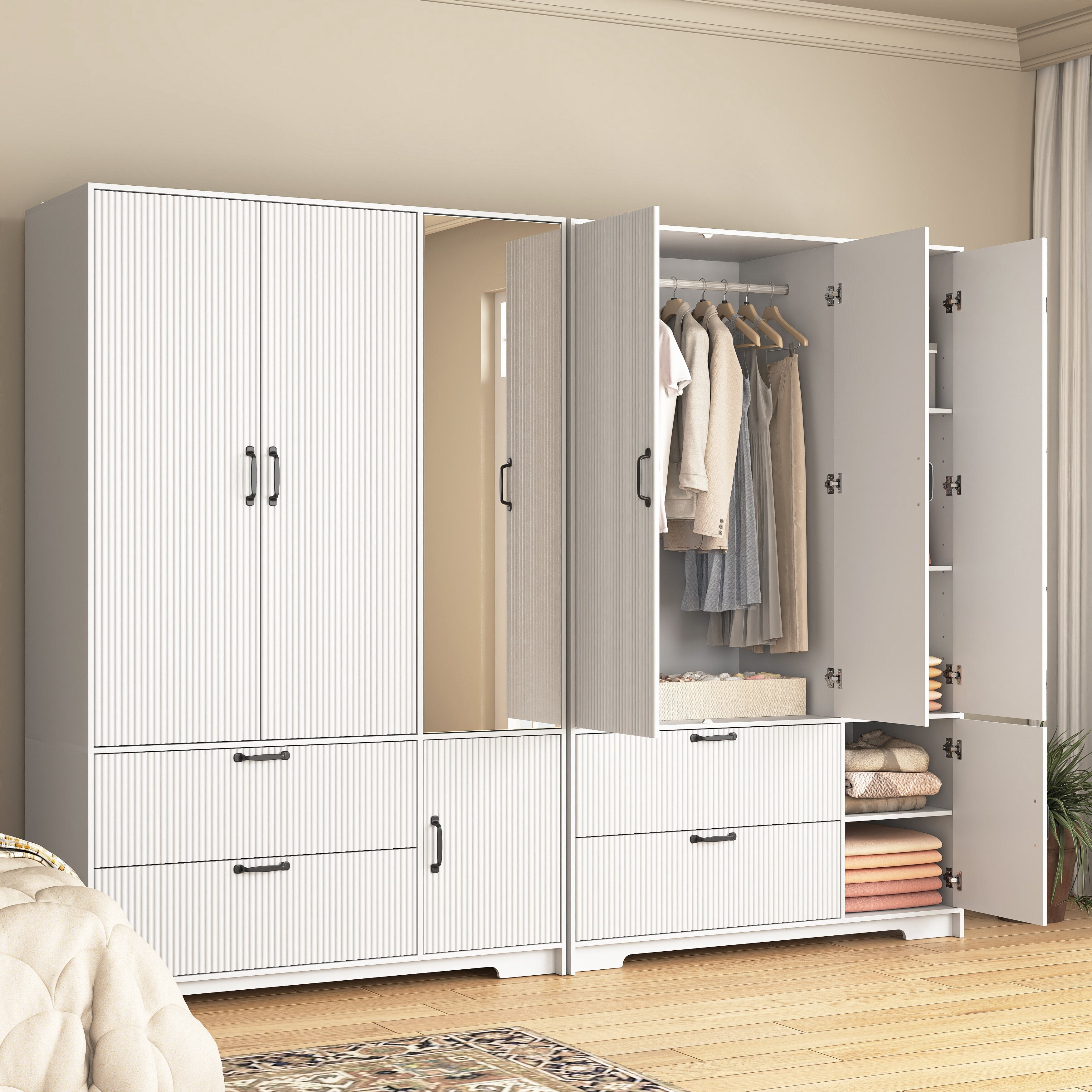 Mintazer Freestanding Wardrobe Armoire with Mirror & 4 Door, 71" Tall Clothing Storage Cabinet with Motion Sensor Light & 2 Large Drawers for Bedroom, White