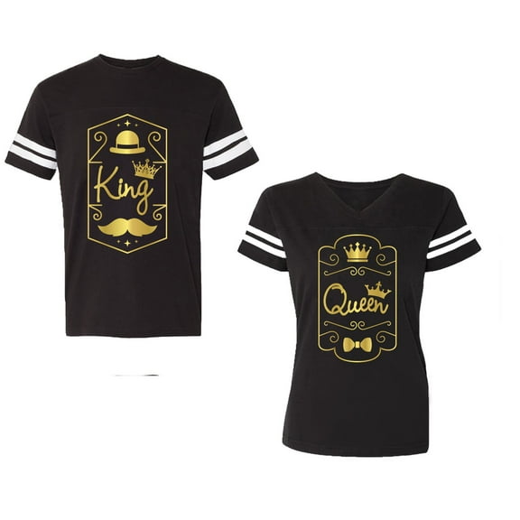 King Queen Pentagon Gold Unisex Couple Matching Cotton Jersey style T-Shirt Contrasting stripes on sleeves (Men Black / Women Black) (Men S / Women S)