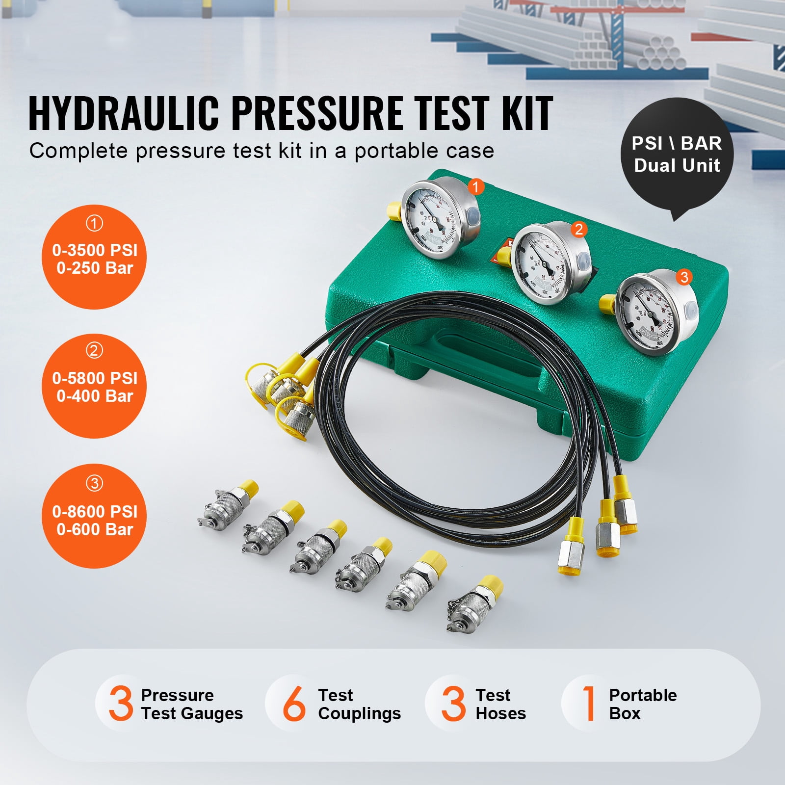 KFFKFF Hydraulic Gauge Test Kit, 250/400/600bar Range, Includes 3 Gauges, 6 Couplings, 3 Hoses, and Carrying Case for Testing Excavator, Tractor, and Construction Equipment Hydraulics
