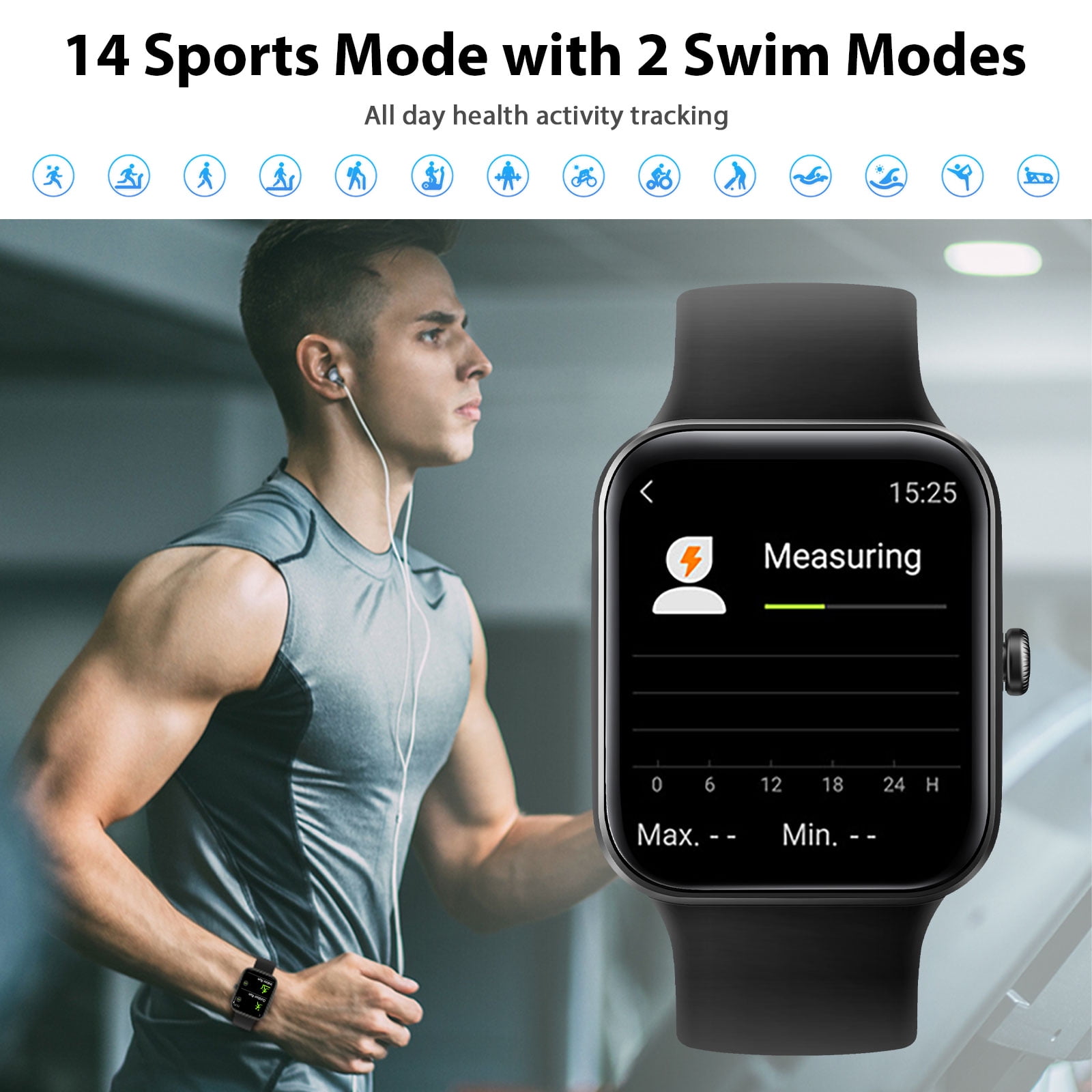 TSV Smart Watch, 1.3" Touch Screen Waterproof Fitness Band Smartwatch Compatible with Android & iOS, Black