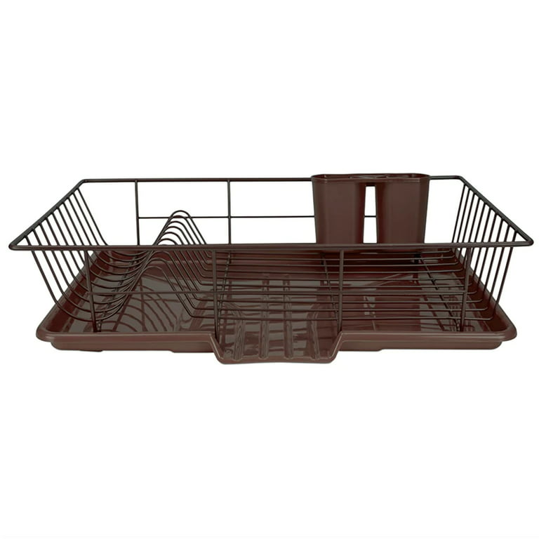 Joey'z 3-Pc Extra Large Dish Drying Rack with Drainboard and Utensil Holder  Set, Brown 