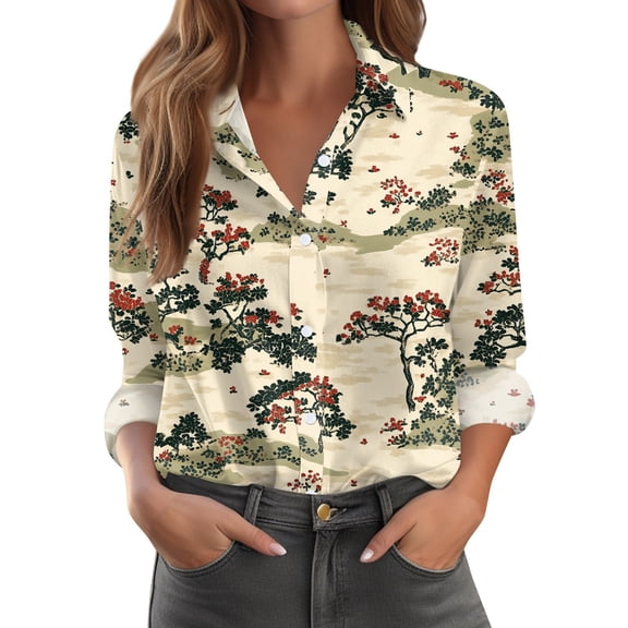 WTOBBY Floral Design Women's Button Down Long Sleeve Shirt, Classic Collar Casual Top, Comfortable Blouse for Work and Weekend, Seasonal Transition Piece,Beige L