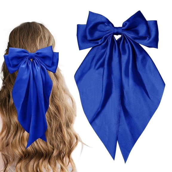 BZCOE Hair Bow for Girls,Cute Bow Hair Clips for Women Oversized Satin Hair Clips Long Ribbon Hair Accessories Gifts for Girl (Bang Clips Royal Blue)