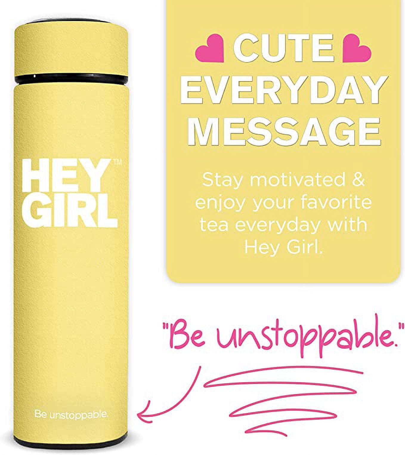 Hey Girl Tea Infuser Bottle 450ml (15oz) - Reusable Yellow Water Bottle - Double-Walled, Vacuum Insulated Stainless Steel Tumbler - Metal Mug for Sports, Gym, Office, Hiking  or Home Use