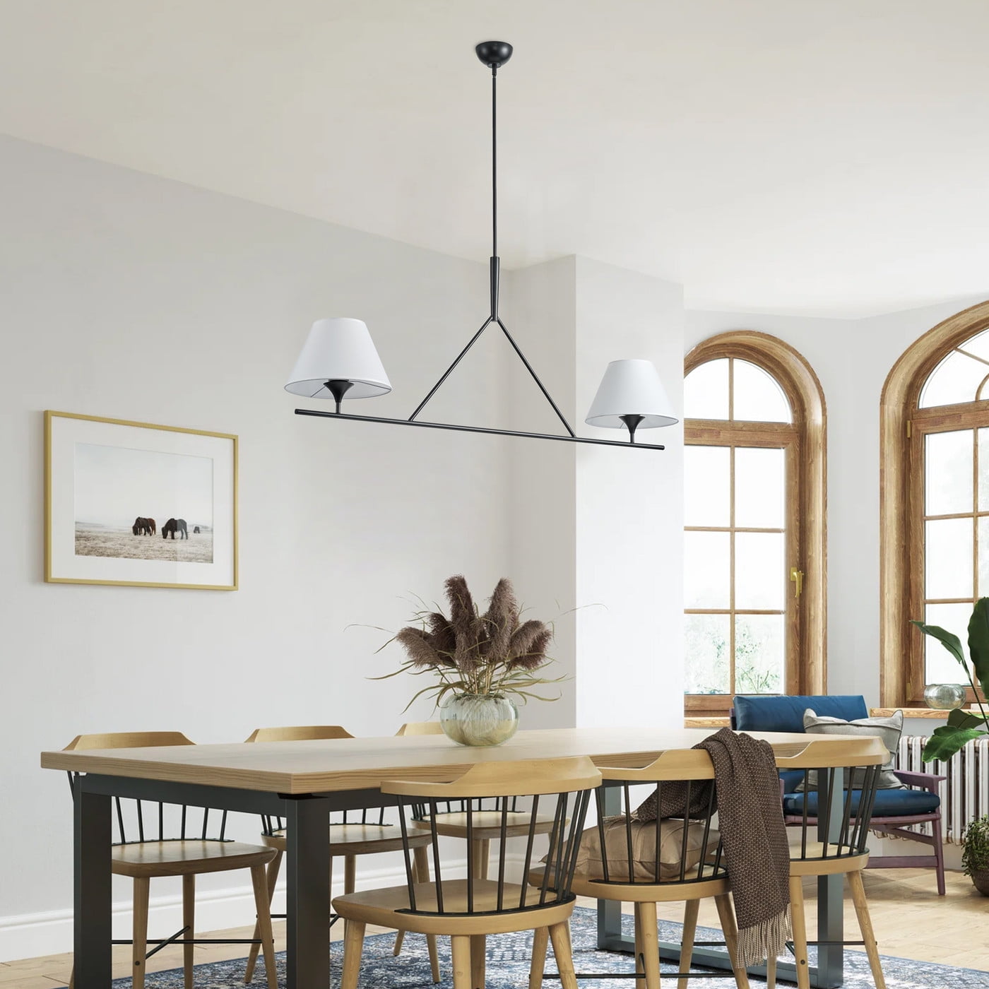 Aiwen 2-Light Linear Industrial Pendant Light with Black Finish and Bell Glass Shade for Kitchen Island Living Room