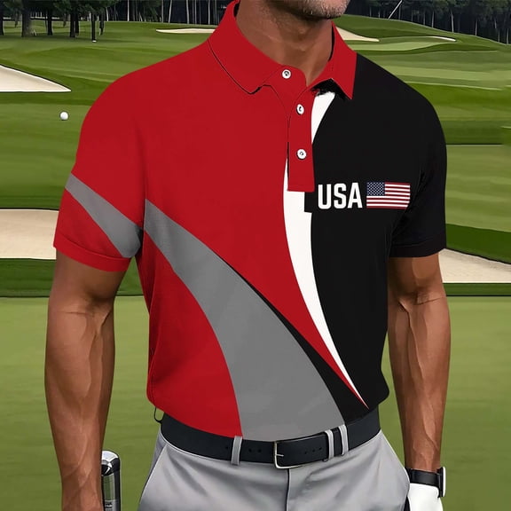 Men's American Flag Print Short Sleeve Collared Polo Shirt, Patterned Casual Top, Breathable Fabric Shirt for Summer, Patriotic Events, Golf and Everyday Wear Red XXL