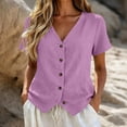 thumbnail image 2 of Ashirexll Short Sleeve Shirts for Women Spring and Summer Color and Linen V-Neck Short Sleeve Button Cardigan Top, 2 of 6