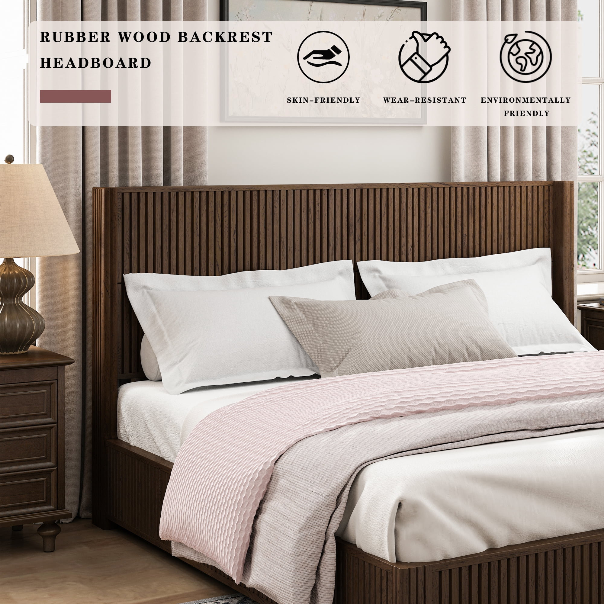 King Size Solid Wood Platform Bed Frame with Headboard, No Box Spring Needed, Easy Assembly