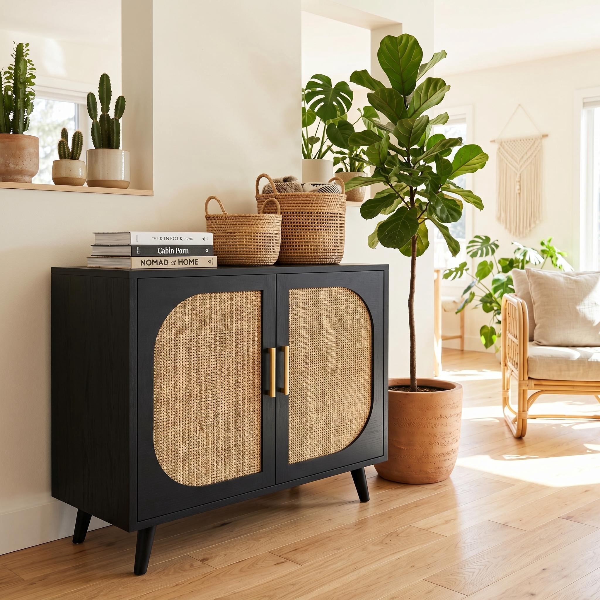 Homy Casa Accent Cabinet, 2-Door Rattan Storage Cabinet with Shelves, Black