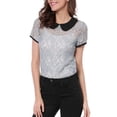 thumbnail image 6 of MODA NOVA Junior's Contrast Doll Collar Short Sleeve Tops Sheer Lace Top Gray S, 6 of 6